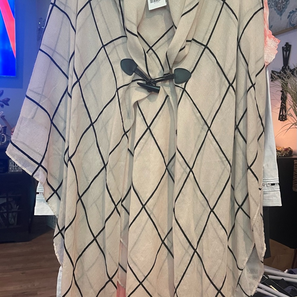 Shear Bone & Black Plaid Shawl/Poncho with Black Accents NWT